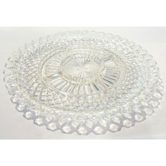 Glass DIVIDED SERVING PLATTER 14" Fruit Tray Dish 6 Section Diamond Cut Sawtooth - Picture 3 of 7